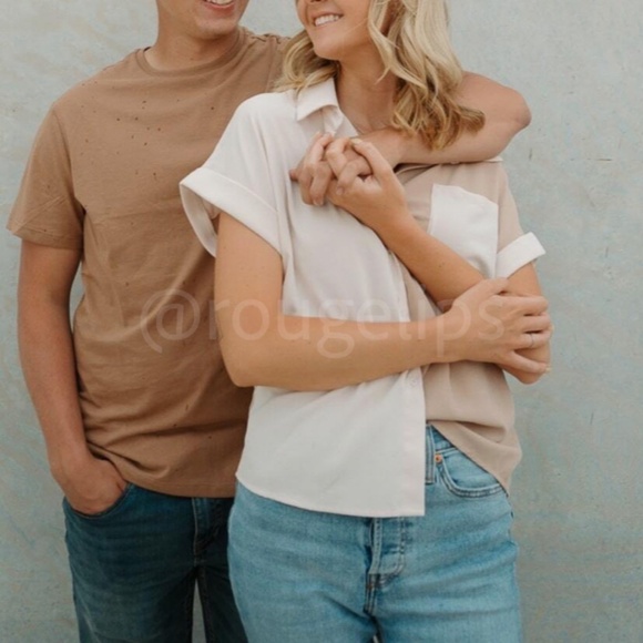 Rolled Up Batwing Sleeves Color Block 2 Tone Button Down Shirt Tan Beige - Picture 7 of 9